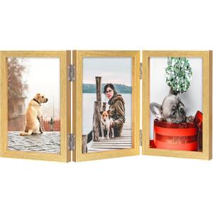 TOFOREVO 4x6 3 Picture Frame Triple Wooden Hinged Photo Frame Definition Glass Stand Vertically on Desktop or Tabletop Gold