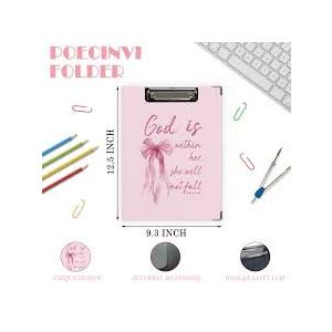 Poecinvi Pastel Pink Checkered Christian Clipboard Folio with Storage for Office Classroom, Inspirational Bible Verse Padfolio with Metal Clip for Nurses Teachers Students Women, 12.4x9.25 in