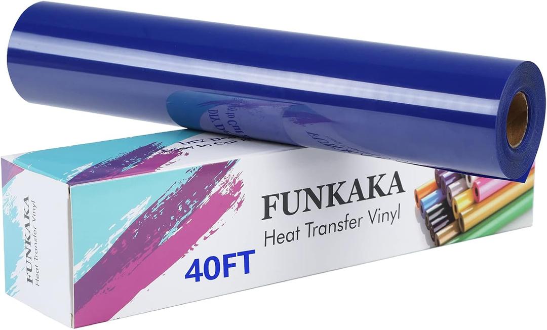 FUNKAKA Blue Heat Transfer Vinyl Rolls, 12" x 40ft Blue Iron on Vinyl for T-Shirt, Adhesive Glossy HTV Vinyl for All Cutter Machines Easy to Cut & Weed for Heat Vinyl Design