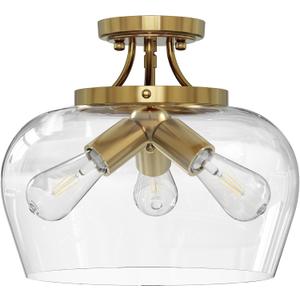 VONLUCE Semi Flush Mount Ceiling Light, 13.8" Ceiling Light Fixture with Clear Glass Shade, E26 Base, 3-Bulb Industrial Lighting Fixture for Hallway Entryway Bedroom, Brushed Gold, ETL Certificated
