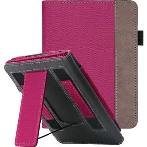 WALNEW Stand Case for 7-inch Kindle Paperwhite 12th Generation (2024 Released) and Kindle Colorsoft Signature Edition, Two Hand Straps Shell PU Leather Cover with Auto-Wake/Sleep (Hotpink)