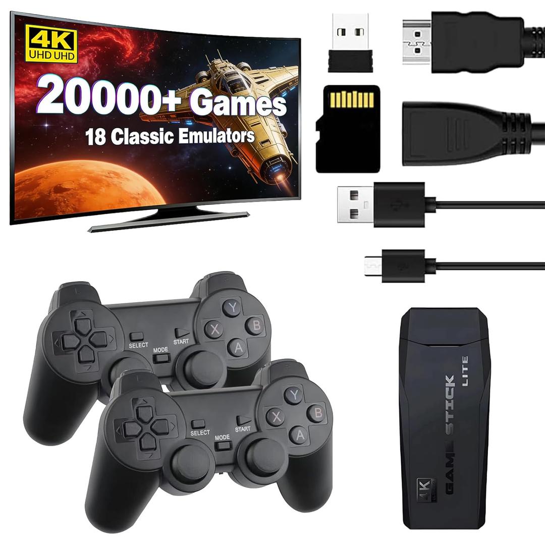 2026 Upgraded Retro Gaming Console, 20,000+ Retro Game Stick, Built-in Classic Video Games 18 Emulators, 4K HDMI Output, Plug and Play Game Stick with 2 Controllers(64G)