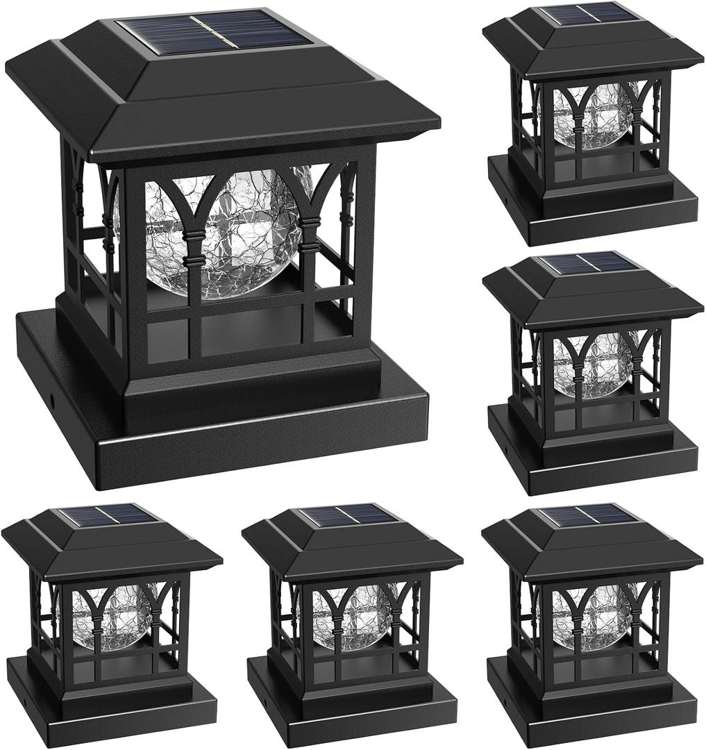Fence Post Solar Lights, Crackle Glass Solar Post Cap Lights, 20 Lumens, Warm White & RGB Automatic Cycling 2 Modes for 3.6x3.6 4x4 4.5x4.5 5x5 Vinyl Wooden Posts Decoration, Black (6 Pack)