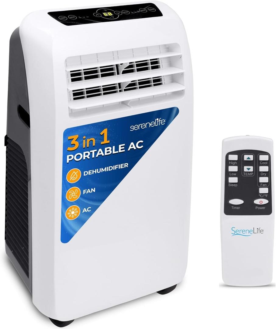 SereneLife Small Air Conditioner Portable 10,000 BTU with Built-in Dehumidifier - Portable AC unit for rooms up to 450 sq ft - Remote Control, Window Mount Exhaust Kit (White)