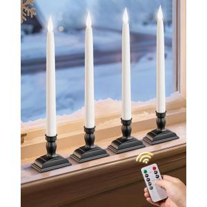 13.2" Window Candles Battery Operated with Remote, Timer, Dimmable, Flicker/Steady Mode, LED 5000K Cool White Christmas Candle Lights for Windows, Indoor Holiday Decor, 4 Pack, Black Holders