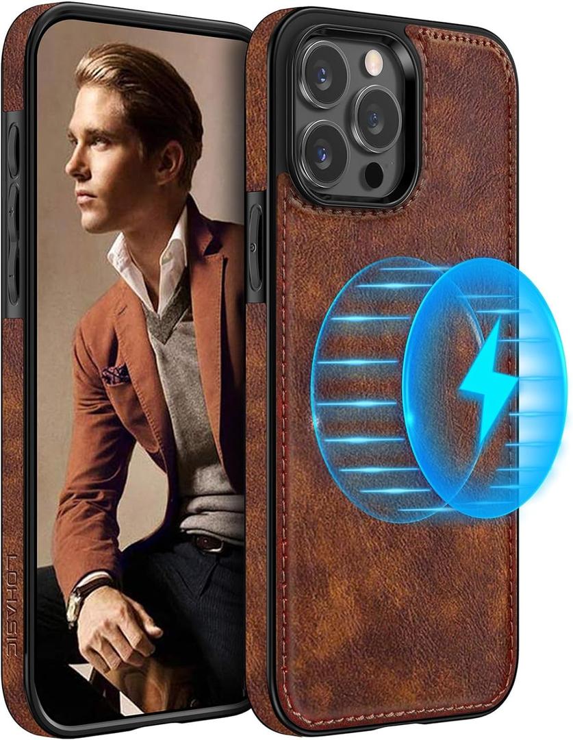 LOHASIC for iPhone 15 Pro Leather Case Compatible with Magsafe, Slim Luxury PU Non-Slip Grip Rugged Bumper Shockproof Full Body Protective Cover Phone Cases for iPhone 15 Pro 5G 6.1" (2023) - Brown