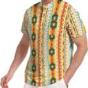 Golf Shirts for Men Printed Henley Shirts Collarless Golf Polo Shirt Short Sleeve with Pocket (Yellow), XXL