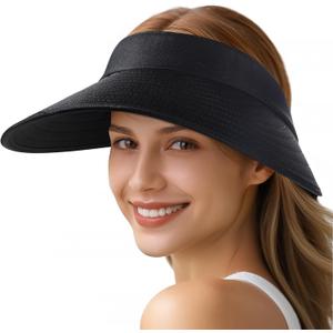 Sun Hats for Women - Wide Brim Sun Visor Hat for Women, UPF50+ Lightweight Foldable Ponytail Sports Cap (Black)