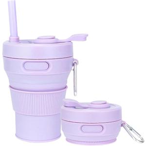 Silicone Collapsible Travel Mug Purple 15oz / 450ml - Leak-Proof Reusable Silicone Water Bottle for Hot and Cold Beverages - Travel Office and Home - Dishwasher Safe - Straw Included