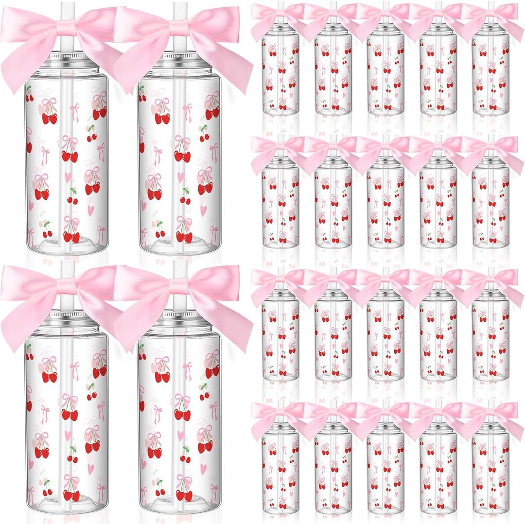 24 Pcs Cherry Bow Plastic Cups Coquette Aesthetic Cup with Lids and Straws 14 oz Reusable Cute Plastic Tumbler with Ribbon for Birthday Bridal Wedding Party Supplies(Pink,Red)