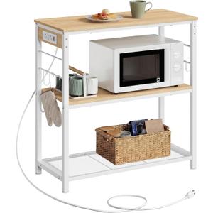 VASAGLE Kitchen Island with Power Strip, 3-Tier, 6 Hooks, Metal Frame, 35.4"H