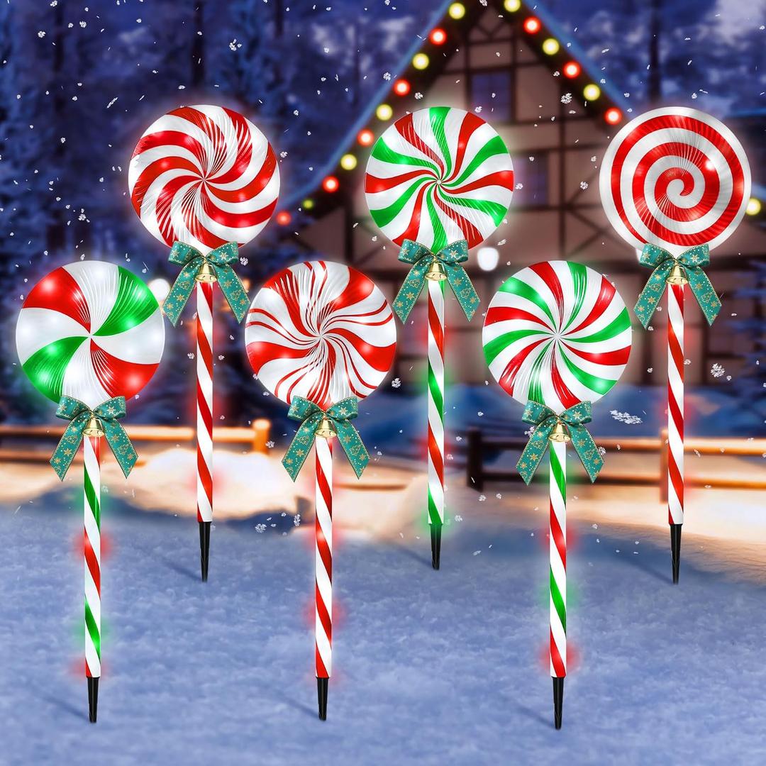 6 Pack Christmas Lollipop Pathway Lights Outdoor with Bows, 22.8" 120 LED Peppermint Candy Cane Lights 8 Modes Timer Waterproof for Xmas Garden Yard Outsides Decoration (Mixed Color)