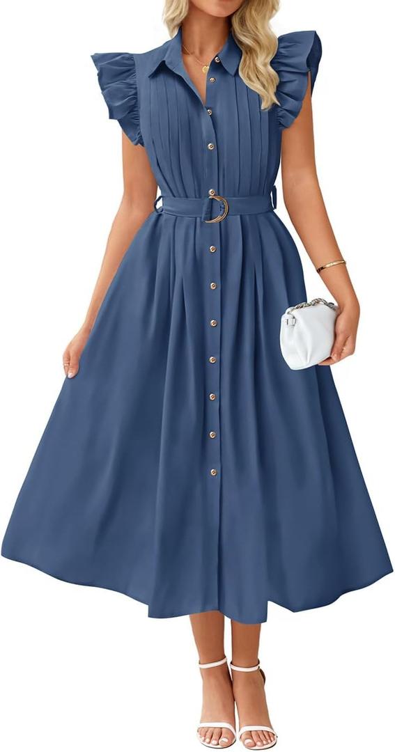 ZESICA Womens Summer Button Midi Dresses 2026 Flutter Short Sleeve Belted Business Casual Work Long Dresses with Pockets (XL)