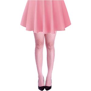 Women High Waisted Fishnet Tights Footed Stockings Plus Size Stretchy Pantyhose (Pink, L)