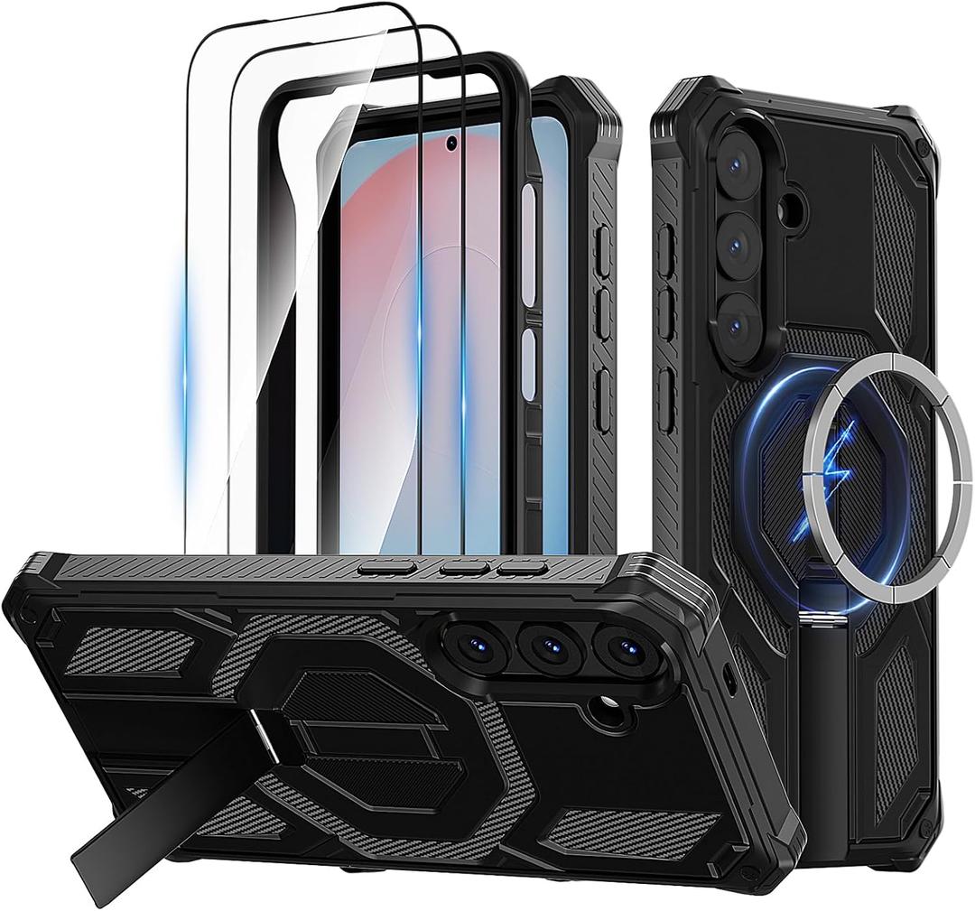 for Samsung Galaxy S24 FE Magnetic Case with Stand & Screen Protector [Compatible with MagSafe] Non Slip Full Body Double Layer Heavy Duty Military Grade Shockproof Protection Cover, Black
