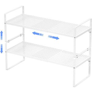 ARCCI Expandable Kitchen Cabinet Shelf Organizers 2 Pack, Stackable Metal Pantry Storage Shelves Rack, Adjustable Counter Shelf for Cabinets, Countertop, Cupboard Organizers and Storage, White