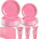 Pink Plastic Plates, 25 Guest Pink Party Supplies Set, Pink Disposable Dinnerware Set, Including Plastic Plates, 12 oz Cups, plastic Cutlery and Paper Napkins for Party Wedding Birthday