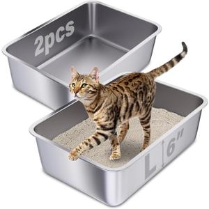 Stainless Steel Litter Box 2 Pack, 20"x14"x6"(Height) Large Metal Litter Box, Easy to Clean, Non Stick No Smell Cat Litterbox for Cats/Kitty