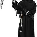DNQCOS Boys Grim Reaper Halloween Costumes Kids Ghost Robe w/Glowing Red Eyes Mask and Sickle, XL