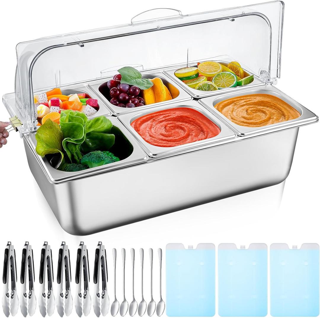 Tessco for you 1 Set Countertop Chiled Ice Food Serving Display Container Condiment Dispenser with Lid Stainless Steel Serving Tray with Clamps Spoons Ice Box for Restaurant Kitchen (6 Compartments)