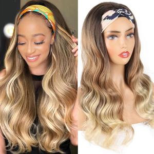 LEOSA Ombre Blonde Headband Wig Body Wave Ombre Platinum Wig for Women Blonde Wavy Wig Long Wavy Headband Wig Synthetic Wigs (24 Inch (Pack of 1), Ligh Brown)