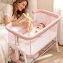 3 in 1 Baby Bassinet with Wheels, Bedside Bassinet Sleeper for Newborn, Portable Baby Crib with 7 Adjustable Height & Large Storage Basket & Full-Mesh, Easy Folding Baby Bed for Infant (Pink), Twin