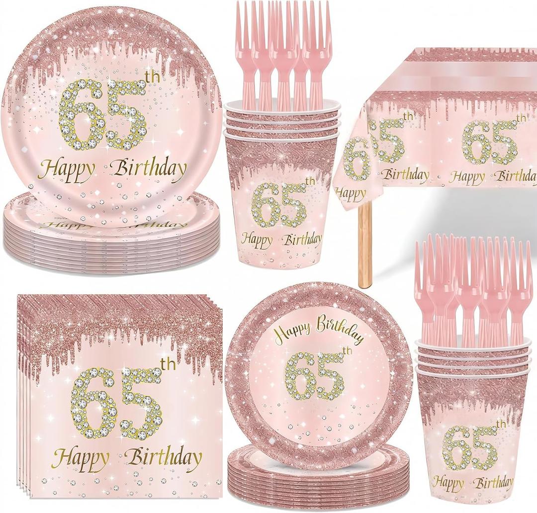 121Pcs 65th Birthday Party Supplies Plates Napkins Cups Forks Tablecloth Rose Gold Happy 65th Birthday Themed Disposable Tableware Decorations Serves 24 Guests for Women Ladies 65 Years Old Birthday