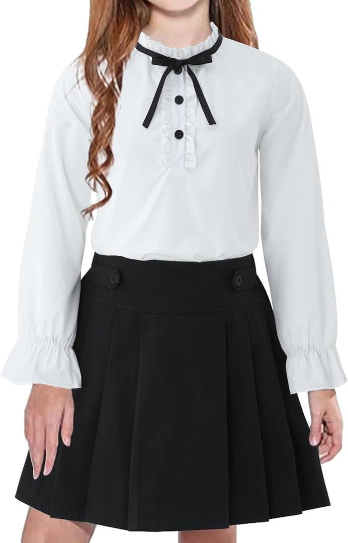 Girls White Blouse Ruffle Long Sleeve Button Down Shirt and Pleated Skirt School Uniform 2 Piece Outfit Set, Black, 11-12 Years