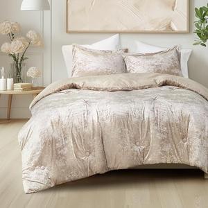 Comfort Spaces Luxe Queen Comforter Set Velvet Comforters for Queen Size Bed, Microfiber Reverse, Juliette, All Season Velvet Bedding Queen Size, Fluffy Bed Set, Sham, Full/Queen, Champagne 3 Piece
