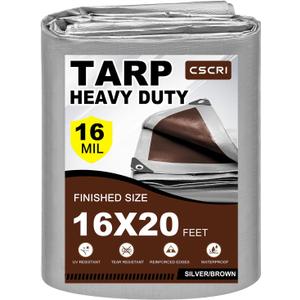 16Mil Tarps Heavy Duty Waterproof 16x20 Finished Size, Large Outdoor Multipurpose Protective Cover (Silver/Brown)