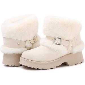 Furry Winter Boots for Women, Block Heels Snow Boot Platform Flurry Fuzzy Winter Booties Buckle Slip-On Comfort Outdoor Walking Shoes, Beige US 8.5