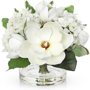 Briful Artificial Magnolia and Hydrangea Flower Arrangement in Glass Vase 9.4" Realistic White Silk Fake Flower with Faux Water Fake Floral Centerpieces for Home Room Office Table Shelf Dcor