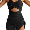 Women's Mesh One Piece Swimdress V Neck Cutout Swim Dresses Bathing Suit Wrap Sarong Swimwear (Large, Black)
