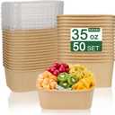 50 Pack 35oz Paper Food Containers with Lids, Cardboard Meal Prep Containers, Disposable Compostable Kraft Paper Bowls with Lids for Hot/Cold Food, Salad, Leftovers, Snacks, Desserts - Rectangular