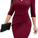 IHOT Women's 2025 Sexy V Neck 3/4 Sleeve Faux Wrap Ruched Sheath Bodycon Party Cocktail Work Dress (red)