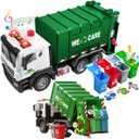 Garbage Truck Toy, Large Friction Powered Garbage Truck Toy with Light and Sounds, 4 Garbage Bins and Learning Cards for Kids