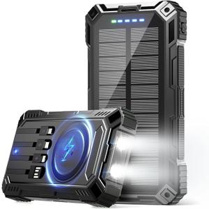 Power Bank 49800mAh Solar Portable Charger Wireless Charging USB-C 15W Fast Charging with 4 Built-in Cables LED Flashlight Battery Pack Compatible with iPhone, iPad, Perfect for Camping,Hiking