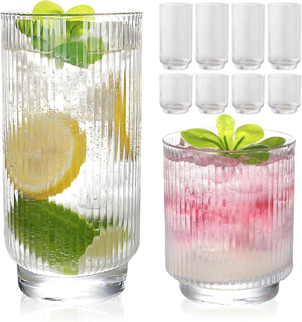 Set of 8 Ribbed Glass Cups with Crystal Base,4 Highball Glasses 18oz & 4 Rocks Drinking Glasses 9oz, Art Deco, for Water, Iced coffee, Cocktail, Juice, Whiskey, Gift