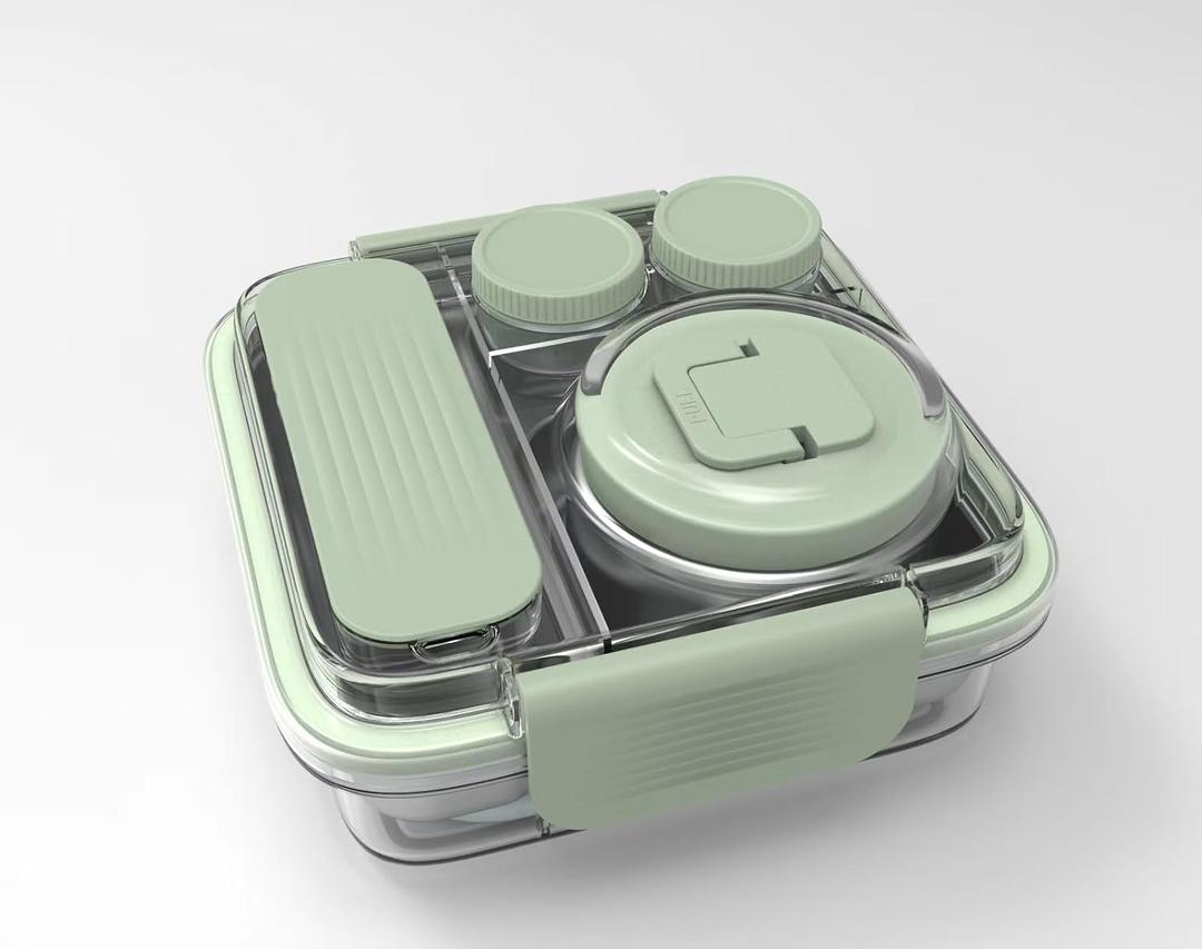 Fomazi Stainless Steel Bento Lunch Box for Kids Adults with 8oz Insulated Food Jar, Leak-proof, Dishwasher-Safe, Transparent Lid with Sauce Cup and Cutlery Storage for School & Travel, BPA-Free(Green)