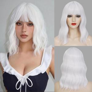 White Bob Wig with Bangs Short Wavy Wig for Women Loose Wavy Shoulder Length Colorful Synthetic Wig for Girl Cosplay Costume Wigs