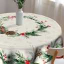Imiss Christmas Holly Round Tablecloth Winter Snowflake Wrinkle Resistant Table Cloth Xmas Red Bird Decor Table Cover for Winter Holiday Home Kitchen Picnic Party 60 Inch