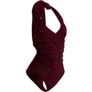 Verdusa Women's Rave Glitter Sparkly Tops Tie Backless Halter Bodysuit Sleeveless Leotard Tops (Medium, Burgundy)