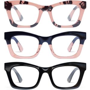 Hubeye 3 Pack Oprah Style Reading Glasses for Women Men Blue Light Blocking Computer Square Readers with Spring Hinge and Glasses pouch 1.00 (Black/Blackpink/Pink Leopard)