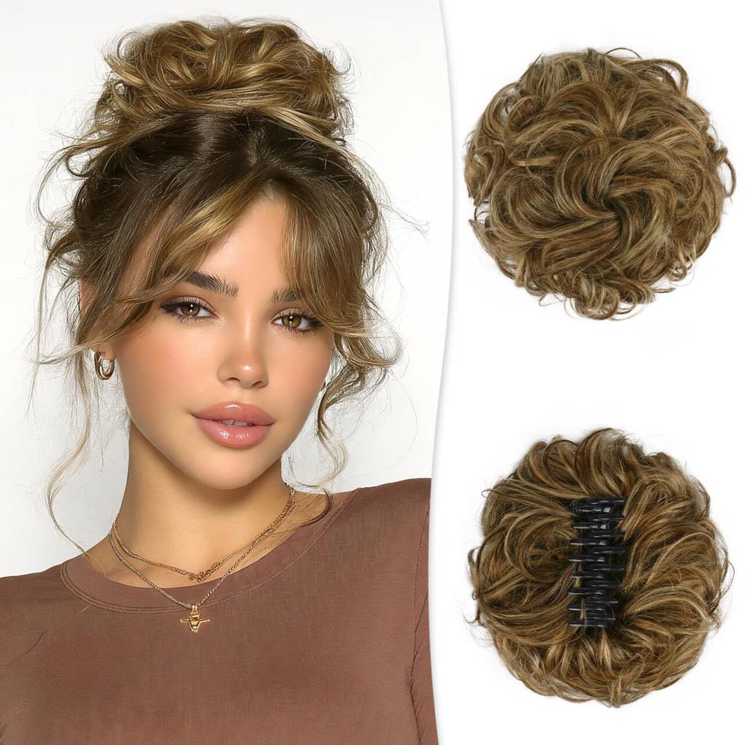 RUWISS Large Messy Bun Hair Piece with Claw Clip Human Hair Bun Wavy Curly Chignon Hair Bun Extensions Updo Hair Pieces for Women Claw Clip Ponytail for Women, Brown with Warm Blonde Highlights (45g)