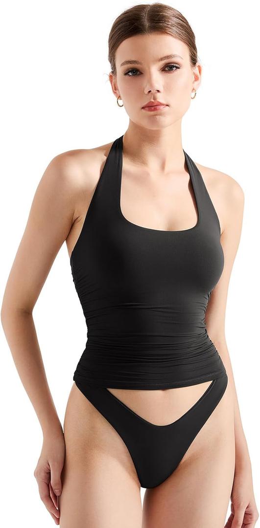 SUUKSESS Women Halter Tank Tops Double Lined Backless Y2K Trendy Going Out Tops (Medium, Black)