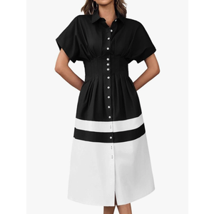 Wenrine Womens Summer Button Down Shirt Dress Casual Color Block V Neck Short Sleeve Corset Maxi Dresses Size Medium