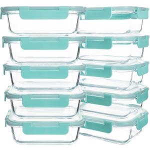 10 Pack 22 oz Glass Meal Prep Containers, Food Storage Containers with Lids, Airtight Leakproof Lunch Containers for Kitchen, Freezer, Microwave, Dishwasher Safe (Mint Green)