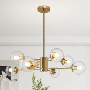 Bagood 8-Light Globe Sputnik Chandelier Modern Gold Sputnik Chandelier Mid Century Globe Pendant Light Brushed Brass Finished with Clear Glass Lampshade Chandeliers for Kitchen Bedroom, 8-Light, 35.4", 2-Tier