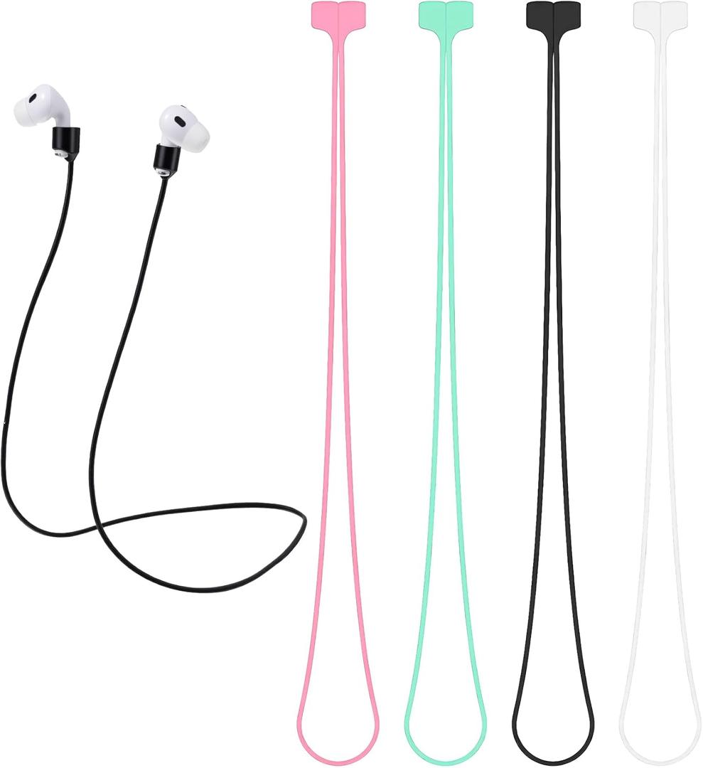 4PCS Earbud Lanyard, Soft Silicone Magnetic Anti-Lost Straps, Ultra Strong Metal for Wireless Earbuds Sports Running (Black, White, Green and Pink)