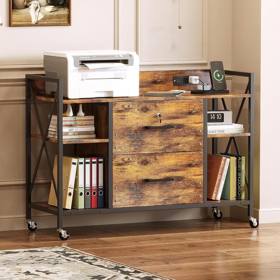 Office File Cabinet, 2 Drawer File Cabinets with Lock, Filing Cabinet with Power Outlets, Adjustable Shelves, Rolling Storage Cabinets for Home Office, Vintage, Standard